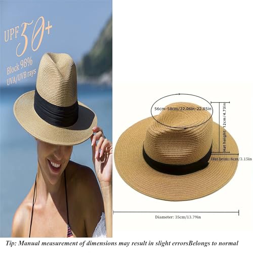 Womens Mens Wide Brim Straw Panama Hat Beach Sun Hat Summer Wide Brim Straw Roll up Hat Fisherman's UPF 50 - color: Off-white