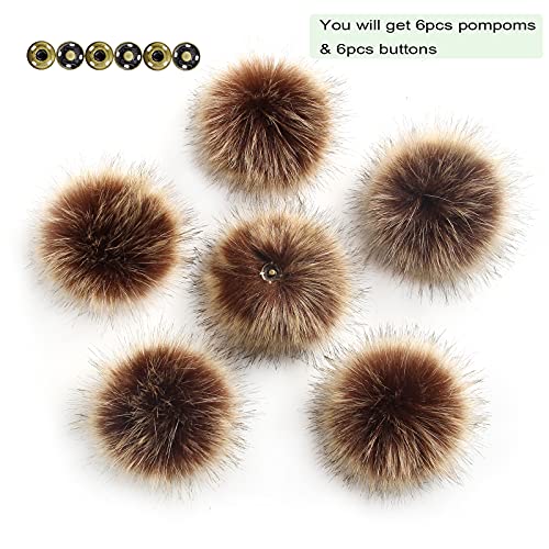 Pack of 6 Detachable Faux Fox Fur Pom Poms for Hats with Snap 4.3inch/11CM DIY Handmade Accessories (Brown) - color: Brown