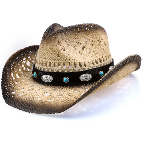 WQWOVRVO Cowboy Hat,Cowgirl Hat,Cowboy Hats for Women/Mens/Straw Wide with Shapeable Brim Cowboy Hat for Womens/White/Black. - color: Almond & Coffee Color2