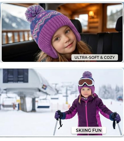 Moon Kitty Baby Girls Earflaps Knit Hats Infant Baby Beanies6-12Months - color: Purple Bear, size: 1-3T