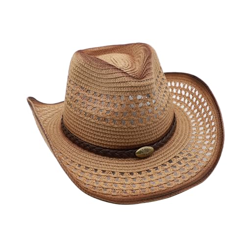 Straw Cowgirl Hat for Women Cowboy Hats for Men Wide Brim Sun Hat Shapeable Western Hat Beach Hat - color: Khaki-coffee