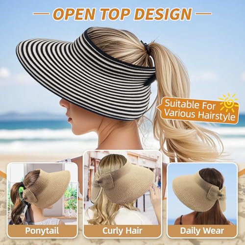Sun Hats for Women Wide Brim Straw Sun Visors Ponytail Hat - color: Black White Stripe