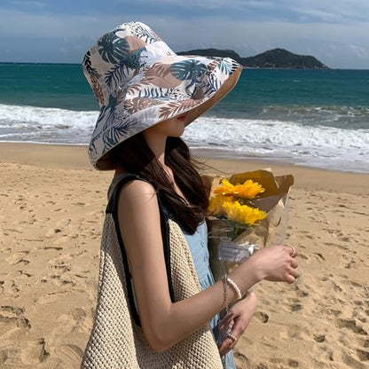 Women Wide Brim Sun Protection Hat Summer Fishing Hats - color: Beige and Leaf Print