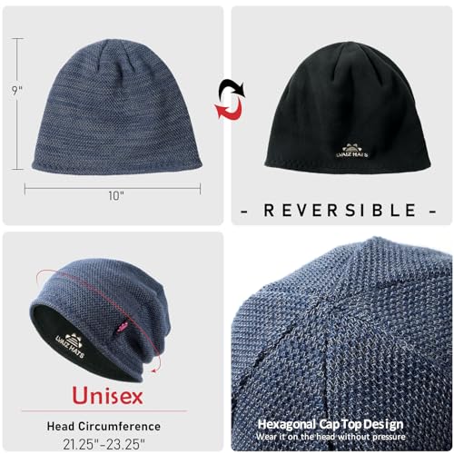 Lvaiz Winter Beanie for Men Women Warm Fleece Lined Reversible Skull Cap - color: Blue Grey+grey
