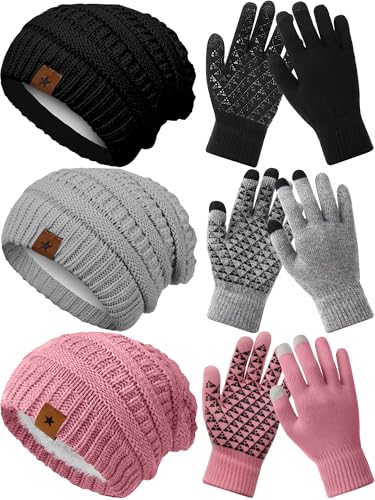 JaGely 6 Pcs Women Winter Beanie Hat Gloves Set Warm Knitted Hats and Touchscreen Gloves Lady Cold Winter Gifts for Christmas - color: Black, Grey and Pink
