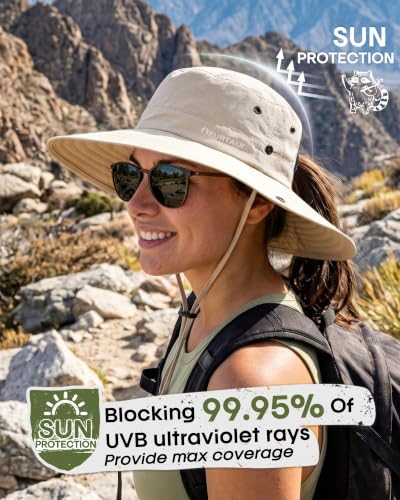 FURTALK Sun Hats for Women Wide Brim Bucket Hat Ponytail Hole Outdoor UPF - color: Beige