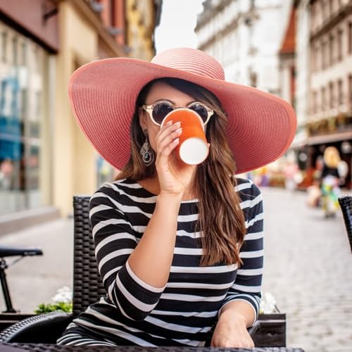 AQOKKA Sun Hats for Women Big Straw Wide Brim Summer Beach Hat Floppy Foldable Roll up Cap for Outdoor UPF 50+ - color: Wide Brim : Pink