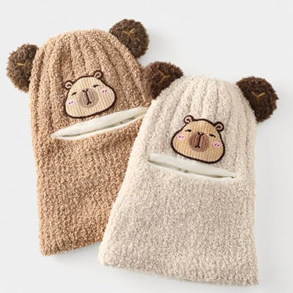 Baby Boys Knit Hat Winter Toddler Girls Balaclava Cute Animals Ear Hat Soft Fleece Lining Cap 6M-24M - color: Khaki