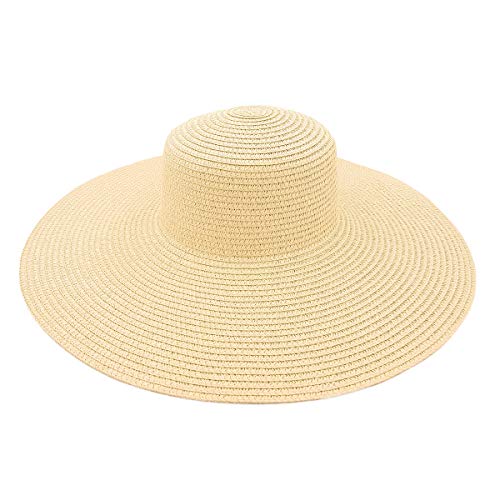 Womens 5.75" Wide Brim Foldable UPF50 Floppy Summer Straw Hat Sun Beach Hat - color: Natural