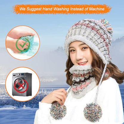 HUAMULAN Women Winter Knit Beanie Hat Circle Scarf Set Pompoms Ear Flaps - color: Gray