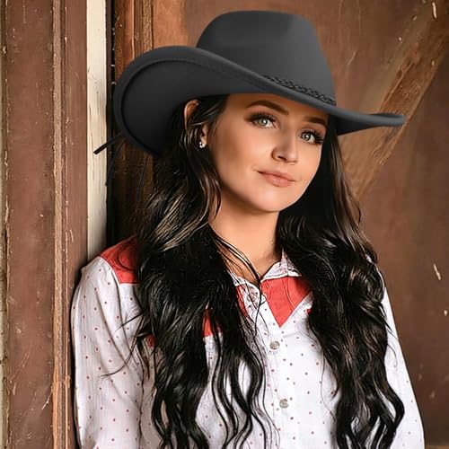 DRESHOW Western Cowboy Hat for Men Women Cowboy Cowgirl Hat Outdoor Wide Brim Retro Felt Fedora Hats Unisex Rolled up Caps - color: 1 Pack Style 9: Dark Gray With Braided Band