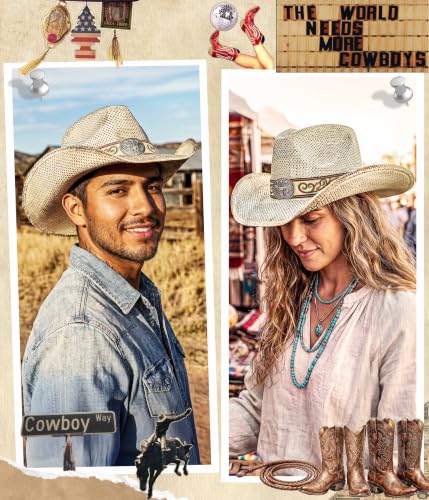 FLUFFY SENSE. Cowboy Hats for Women and Men - Distressed Straw Western Hat with Shapeable Brim for Cowboys and Cowgirls - color: Distressed Cream White