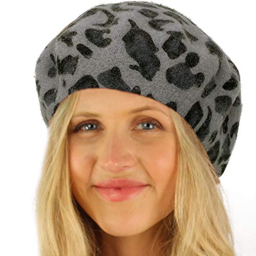 Classic Winter 100% Wool Warm French Art Basque Beret Tam Beanie Hat Cap - color: Leopard Gray