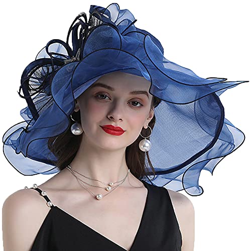 Women Party Church Derby Top Hats Organza Sun Visor Cap Ladies Flowers Fascinators Big Wide Brim Fedoras - color: Blue 7