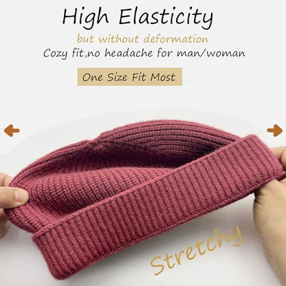 Thin Wool Fisherman Beanie Hat Unisex Cuffed Trawler Skull Cap - color: 1 Wine Red