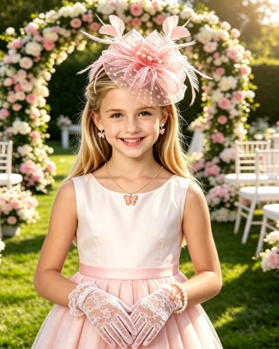 Girls Tea Party Fascinators Hats Girls Church Hats 20s 50s Pillbox Hat Cocktail Mesh Flower Pearl Feather Headband - color: Dusty Pink