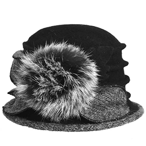Women's Wool Dress Church Cloche Hat Bucket Winter Floral Hat - color: Black