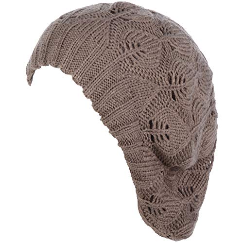 BYOS Women Mid-Weight Slouchy Leafy Cutout Crochet Soft Knit French Beret Hat - color: 2-pack-deep Taupe & Bk