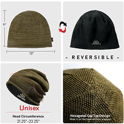 Lvaiz Winter Beanie for Men Women Warm Fleece Lined Reversible Skull Cap - color: Khaki+grey