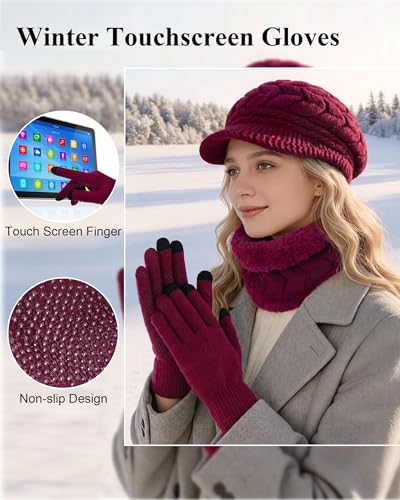 Loritta 3 in 1 Womens Winter Hat Gloves Scarf Set, Warm Hat Mittens - color: Wine