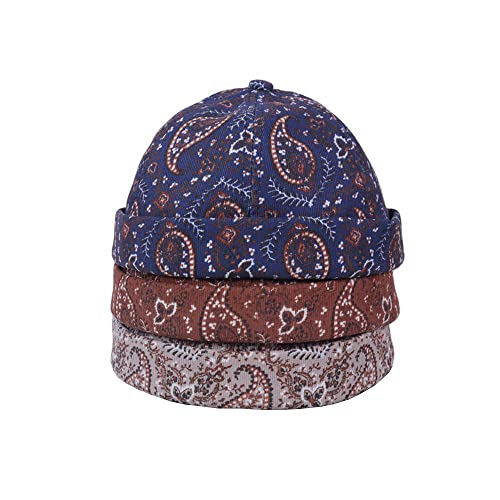 Mens Printed Docker Cap Hats Beanie Sailor Cap Hat Rolled Cuff Retro Brimless Hat - color: Caramel+khaki+navy