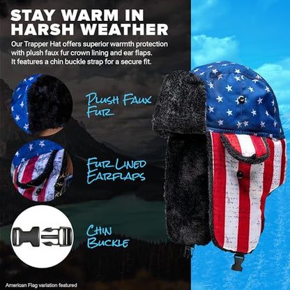 S A Soul of Adventure Winter Hat for Men & Women | Ushanka Russian Hat | Faux Fur Hat with Ear Flap - color: Blackout American Flag