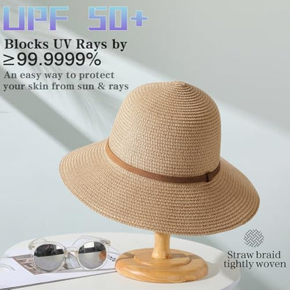 Tavaleu Sun Beach Hats for Women Wide Brim Straw Hats Foldable Summer Hat - color: 9cm-khaki Strap