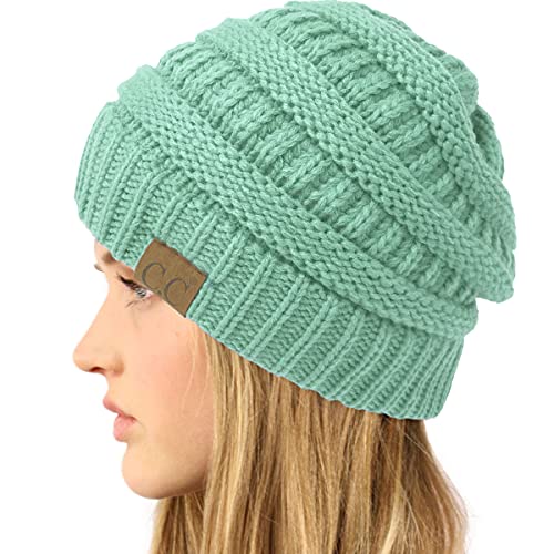 CC Classic Winter Fall Trendy Chunky Stretchy Cable Knit Beanie Hat - color: Solid Pale Mint