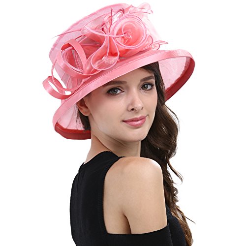 Womens Church Derby Wide Brim Sun Hat Girl Tea Party Headwear Bridal Wedding Fascinator - color: Pink