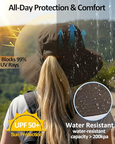 Womens Sun Hat Ponytail Packable UPF 50+ Waterproof Bucket Hat with Ponytail Hole for Beach Hiking Travel - color: Coffee