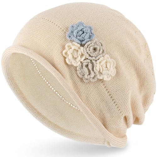 Ababalaya Breathable Cotton Linen Slouchy Beanie Hat for Women - color: Beige