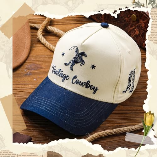 JaGely Two Tone Western Cowboy/Cowgirl Trucker Hat for Women Men Gift Vintage Embroidered Country Baseball Cap - color: Navy Blue, style: Vintage Cowboy