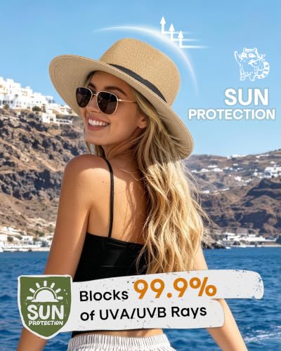 FURTALK Womens Mens Wide Brim Straw Panama Hat Fedora Summer Beach Sun Hat - color: Khaki, size: Large-X-Large