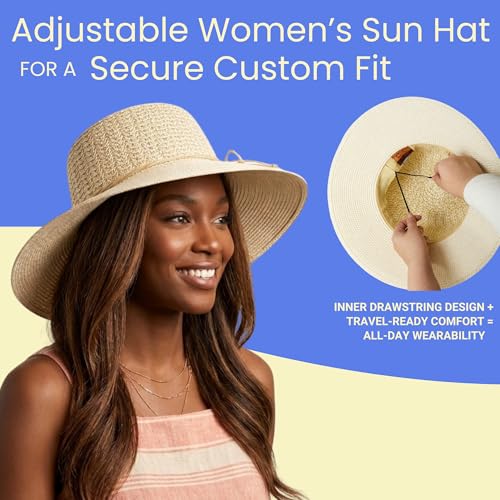 Funky Junque Wide Brim Panama Sun Hat, Womens Packable Straw - color: Twisted Straw Rope Trim - Beige Mix