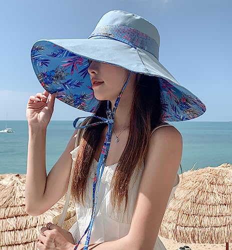 HUAMULAN Wide Brim Women Summer Sun Floppy Hat Reversible Beach Bucket Hat - color: M2446-blue