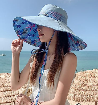HUAMULAN Wide Brim Women Summer Sun Floppy Hat Reversible Beach Bucket Hat - color: M2446-blue
