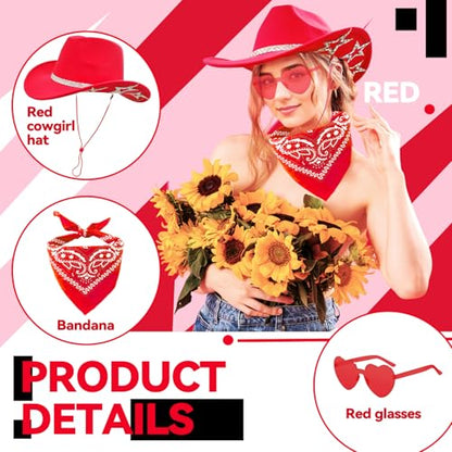 SHENYI Cowgirl Hat and Bandana and Heart Sunglasses Glitter Rhinestone Star Cowboy Hat Western Sparkly Hats for Women Men - color: Red