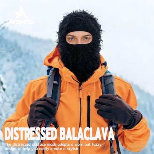 Distressed Ski Mask Balaclava, Yeat Shiesty Knitted Full-Face Mask - color: Black