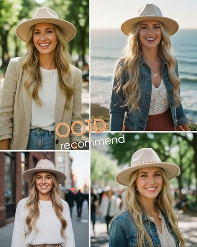 Men & Women Wide Brim Fedora Hat with Chain Buckle - color: Chain Belt-beige