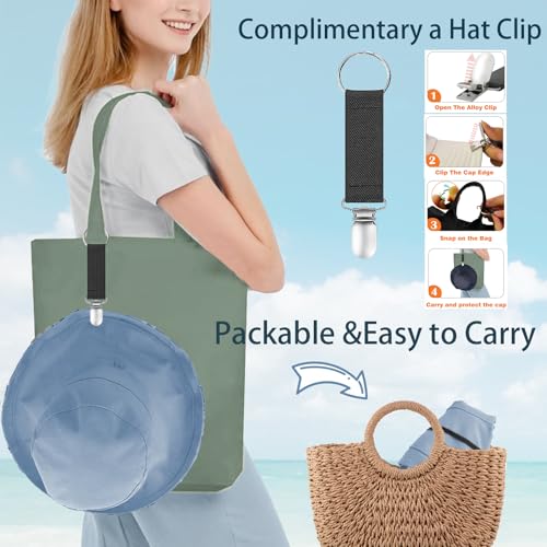 vidsel Womens Sun Hats Wide Brim Reversible Bucket Cotton Hat with Hat Clip - color: Medium-beige+blue, size: Medium