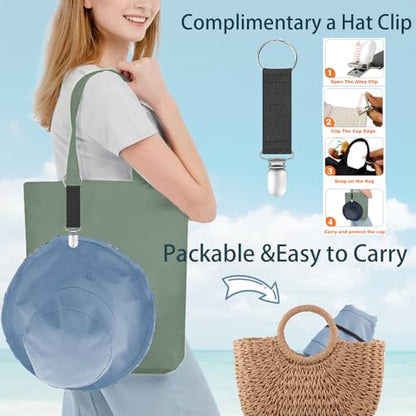 vidsel Womens Sun Hats Wide Brim Reversible Bucket Cotton Hat with Hat Clip - color: Medium-beige+blue, size: Medium