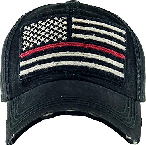 KBETHOS Flag USA America Military Thin Blue Line Thin Red Line Vintage Distressed Baseball Cap Dad Hat Unisex Adjustable… - color: Black Red Embroidered Flag