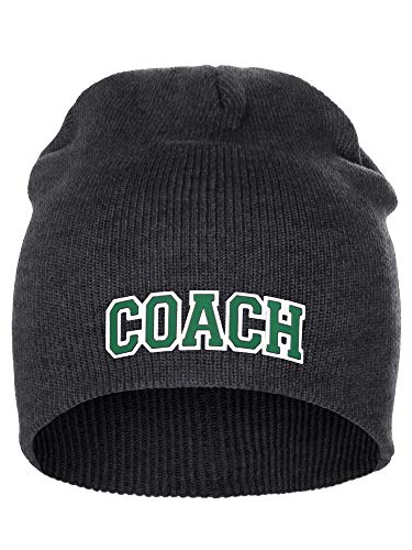 I&W Sports Team Coach Arch Letters Winter Knit Cuffless Beanie 3D Raised Layers - color: Charcoal Beanie White Green