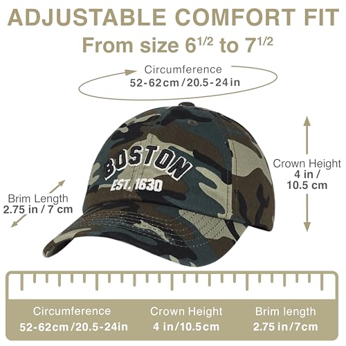 E BY ELIDAN Boston EST 1630 Dad Hat, Embroidered Cotton Baseball Cap - color: Camo Est 1630