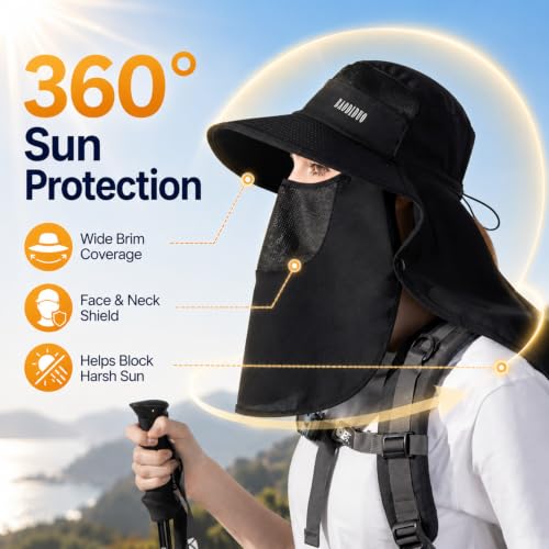 HUAMULAN Women Wide Brim Sun Hat Ponytail UV Protection Visor Fishing Cap - color: Black