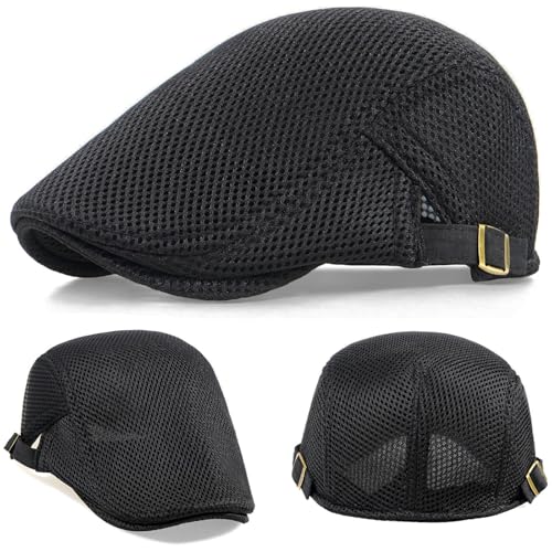 2 Pack Men's Mesh Cap Breathable Summer Newsboy Hat Adjustable Beret Ivy Cap Irish Cabbie Driving Hunting Hats - color: Black/Dark Grey