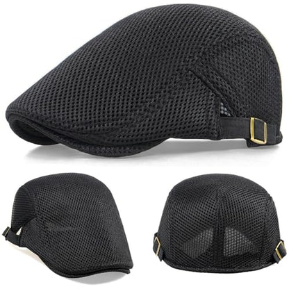 2 Pack Men's Mesh Cap Breathable Summer Newsboy Hat Adjustable Beret Ivy Cap Irish Cabbie Driving Hunting Hats - color: Black/Dark Grey