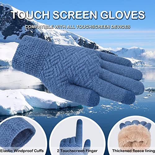 3 Pcs Women Winter Knit Beanie Hat Scarf Touchscreen Gloves Set Warm Soft Thick Fleece Lined Skull Cap with Double Pom Pom - color: Blue