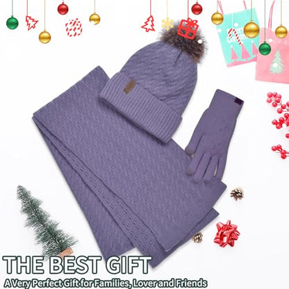 Winter Hat Scarf Gloves Set for Women, Classic Cable Beanie with Removable Pom Pom Long Scarf Touchscreen Gloves 3 in 1 Set - color: Purple