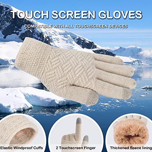 3 Pcs Women Winter Knit Beanie Hat Scarf Touchscreen Gloves Set Warm Soft Thick Fleece Lined Skull Cap with Double Pom Pom - color: Beige